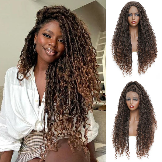 X-TRESS Braided Wigs Lace Front Wig for Black Women 28 Inch Ombre Brown Faux Locs Crochet Hair With Curly Synthetic Lace Wigs