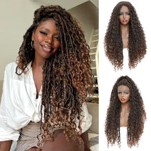 Load image into Gallery viewer, X-TRESS Braided Wigs Lace Front Wig for Black Women 28 Inch Ombre Brown Faux Locs Crochet Hair With Curly Synthetic Lace Wigs
