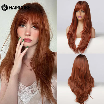 HAIRCUBE Long Straight Synthetic Wigs Brown Mixed White Highlight Hair Layered Wigs for Black Women Heat Resistant Cosplay Wigs