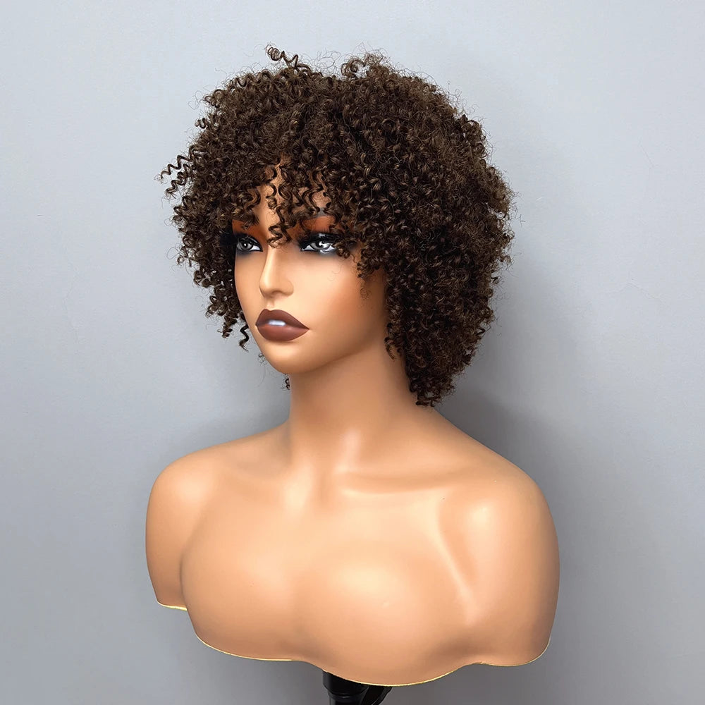 Short Curly Wig With Bangs Wear And Go Glueless Human Hair Afro Kinky Curly Brazilian Remy Brown Highlight Full Machine Made Wig