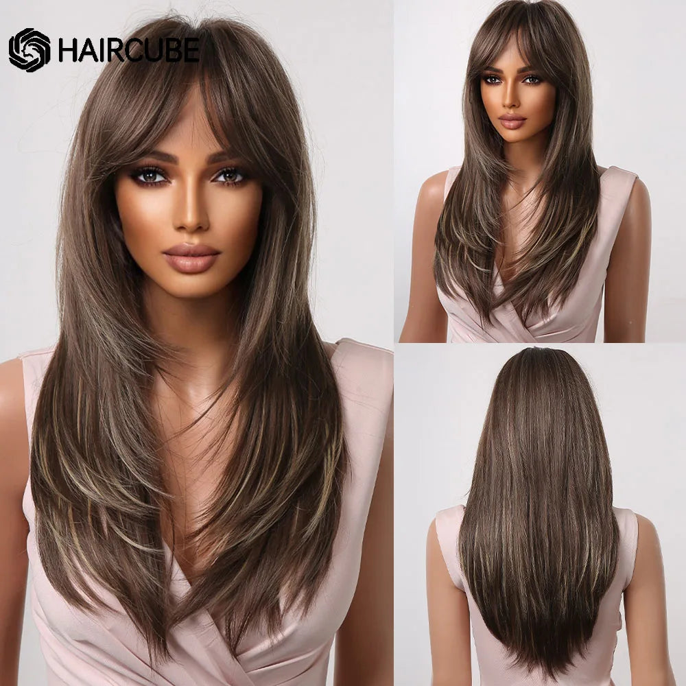 HAIRCUBE Long Straight Synthetic Wigs Brown Mixed White Highlight Hair Layered Wigs for Black Women Heat Resistant Cosplay Wigs