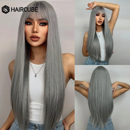 HAIRCUBE Long Straight Synthetic Wigs Brown Mixed White Highlight Hair Layered Wigs for Black Women Heat Resistant Cosplay Wigs