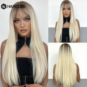 HAIRCUBE Long Straight Synthetic Wigs Brown Mixed White Highlight Hair Layered Wigs for Black Women Heat Resistant Cosplay Wigs