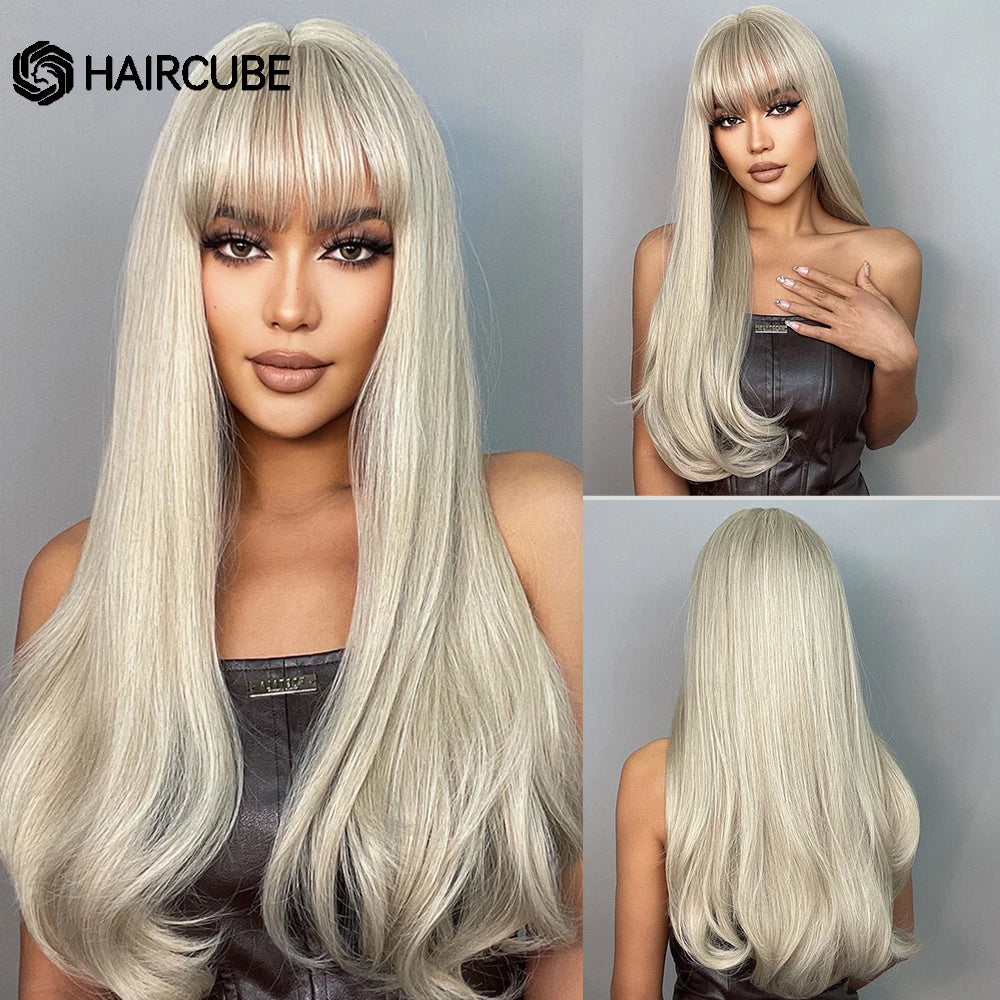 HAIRCUBE Long Straight Synthetic Wigs Brown Mixed White Highlight Hair Layered Wigs for Black Women Heat Resistant Cosplay Wigs