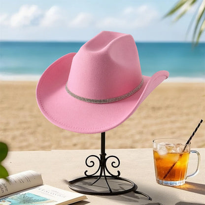 Women Men Wide Brim Fedora Hat Rhinestone Belted Wool Hat Felt Jazz Cap for Party Club Elegant Caps