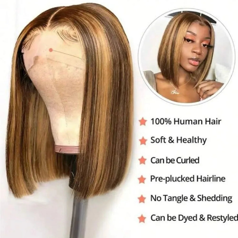 6x4 HD Lace Front Bob Wigs 14 Inch Highlight Human Hair Wigs Pre Plucked Short Straight Bob Hair 4/27 Ombre Hair Wigs for Women