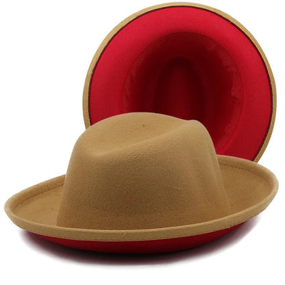 Classic Outside small top hat Patchwork Wide Brim Fedora Hat Men Women Two Tone Felt Fedora Hats Cowboy Jazz Hat Brown Belt