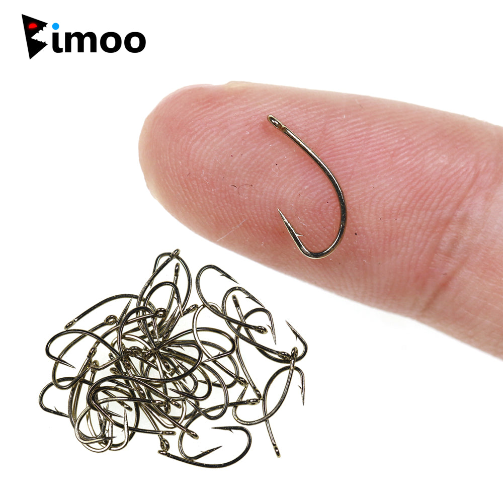 Bimoo 50pcs Fly Fishing Dry Fly Hook Standard Wire Nymph Curved Hook Bronze Finish Small Fly Lures Tying Material 12 14 16 18 20