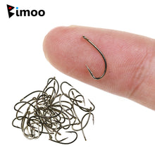 Load image into Gallery viewer, Bimoo 50pcs Fly Fishing Dry Fly Hook Standard Wire Nymph Curved Hook Bronze Finish Small Fly Lures Tying Material 12 14 16 18 20

