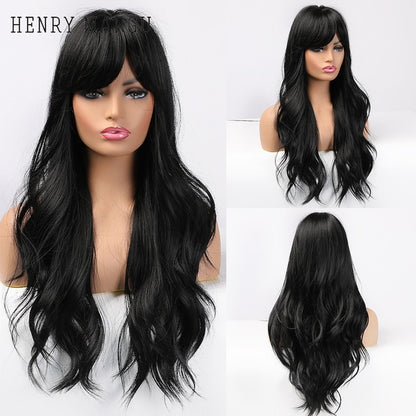 HENRY MARGU Long Natural Wavy Platinum Blonde Wigs with Bangs Cosplay Party Lolita Synthetic Wigs for Women Heat Resistant Fiber