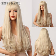HENRY MARGU Long Natural Wavy Platinum Blonde Wigs with Bangs Cosplay Party Lolita Synthetic Wigs for Women Heat Resistant Fiber
