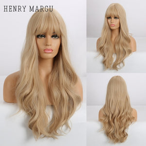 HENRY MARGU Long Natural Wavy Platinum Blonde Wigs with Bangs Cosplay Party Lolita Synthetic Wigs for Women Heat Resistant Fiber