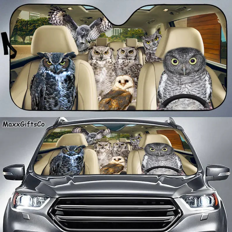 Owl Car Sun Shade, Owls Windshield, Owls Family Sunshade, Owl Car Accessories, Car Decoration, Gift For Dad, Mom