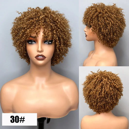 Short Curly Wig With Bangs Wear And Go Glueless Human Hair Afro Kinky Curly Brazilian Remy Brown Highlight Full Machine Made Wig