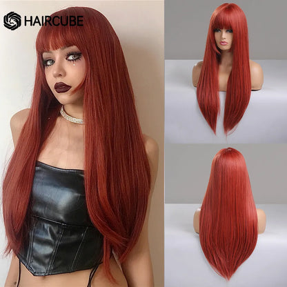 HAIRCUBE Long Straight Synthetic Wigs Brown Mixed White Highlight Hair Layered Wigs for Black Women Heat Resistant Cosplay Wigs