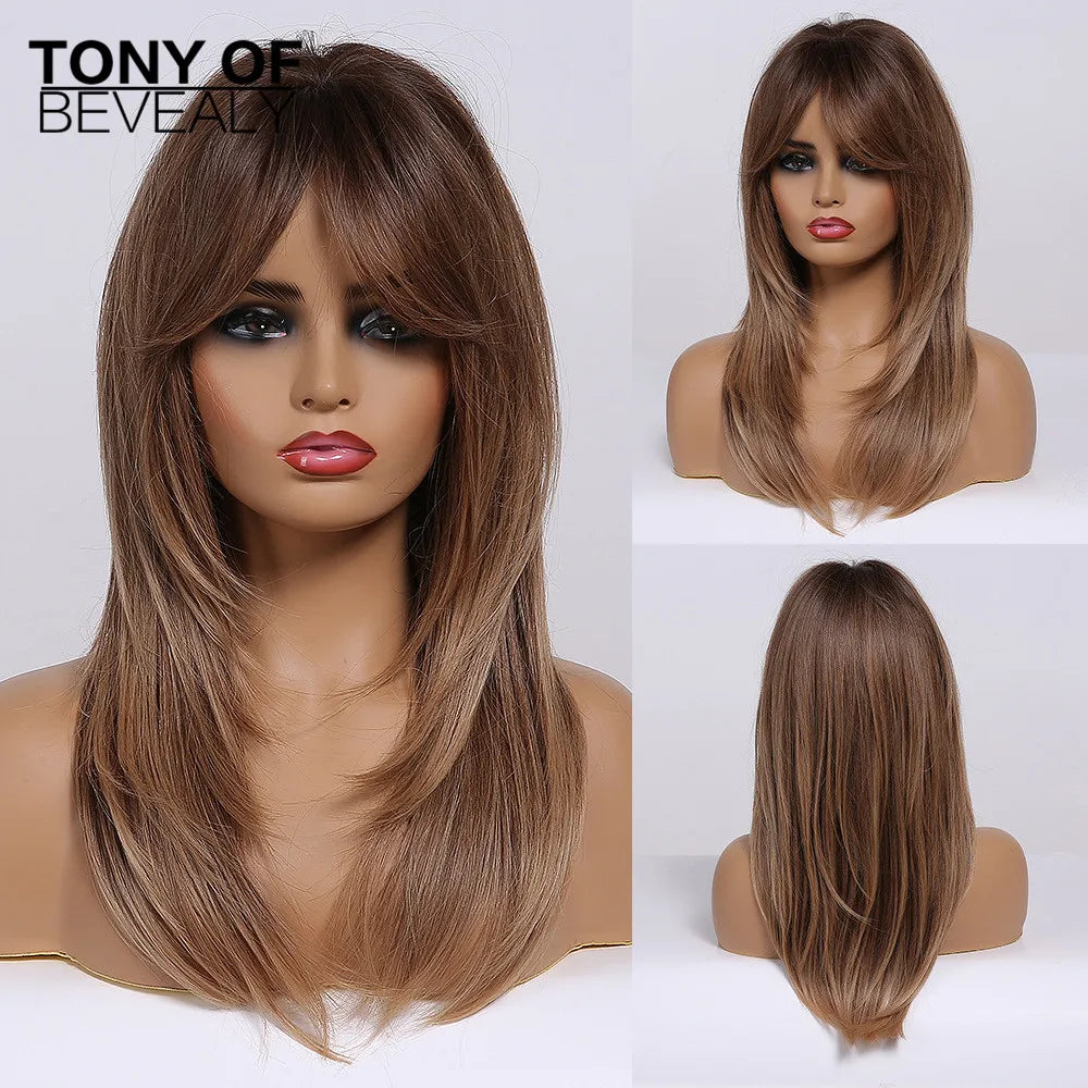 HAIRCUBE Long Straight Synthetic Wigs Brown Mixed White Highlight Hair Layered Wigs for Black Women Heat Resistant Cosplay Wigs