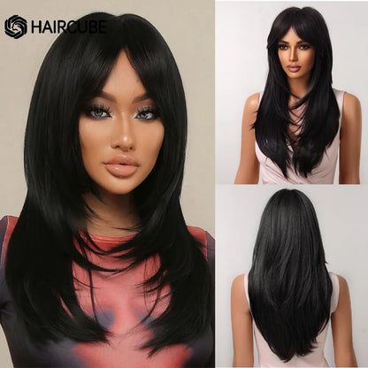 HAIRCUBE Long Straight Synthetic Wigs Brown Mixed White Highlight Hair Layered Wigs for Black Women Heat Resistant Cosplay Wigs