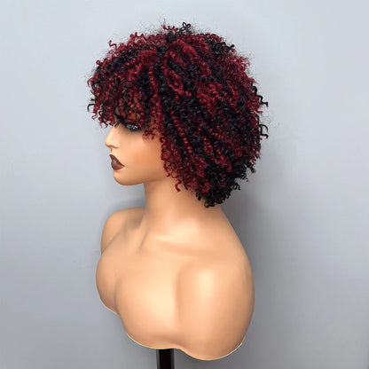 Short Curly Wig With Bangs Wear And Go Glueless Human Hair Afro Kinky Curly Brazilian Remy Brown Highlight Full Machine Made Wig