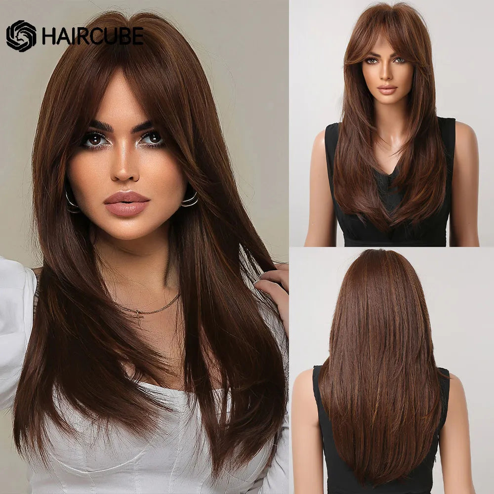 HAIRCUBE Long Straight Synthetic Wigs Brown Mixed White Highlight Hair Layered Wigs for Black Women Heat Resistant Cosplay Wigs