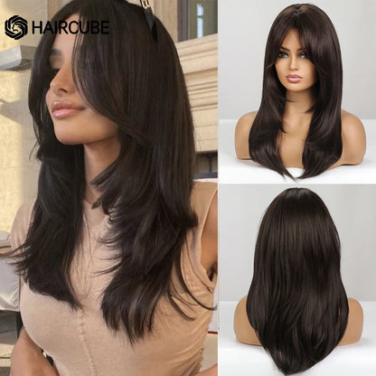 HAIRCUBE Long Straight Synthetic Wigs Brown Mixed White Highlight Hair Layered Wigs for Black Women Heat Resistant Cosplay Wigs