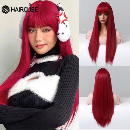 HAIRCUBE Long Straight Synthetic Wigs Brown Mixed White Highlight Hair Layered Wigs for Black Women Heat Resistant Cosplay Wigs