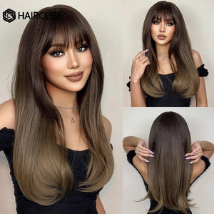 HAIRCUBE Long Straight Synthetic Wigs Brown Mixed White Highlight Hair Layered Wigs for Black Women Heat Resistant Cosplay Wigs