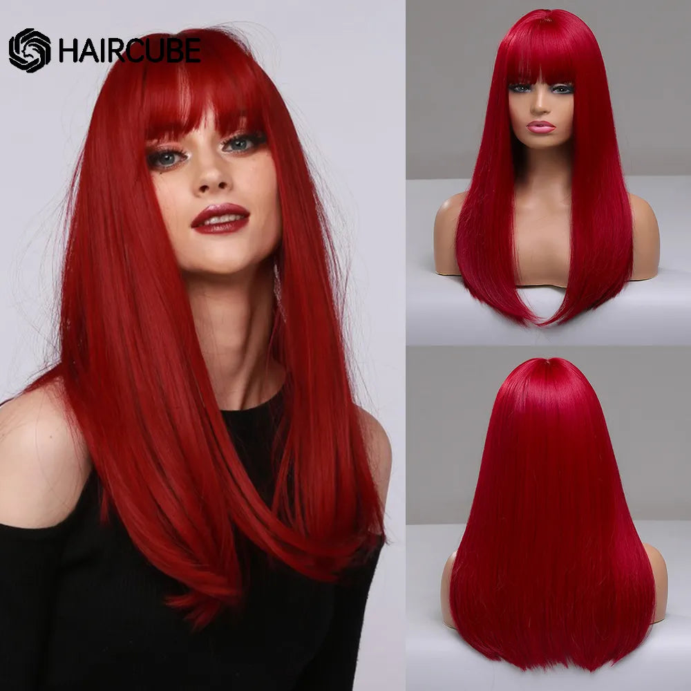 HAIRCUBE Long Straight Synthetic Wigs Brown Mixed White Highlight Hair Layered Wigs for Black Women Heat Resistant Cosplay Wigs