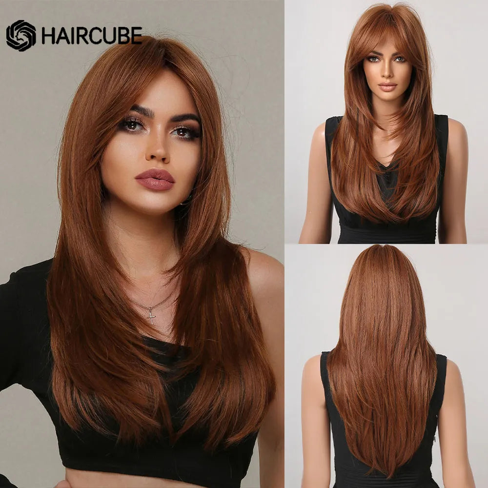 HAIRCUBE Long Straight Synthetic Wigs Brown Mixed White Highlight Hair Layered Wigs for Black Women Heat Resistant Cosplay Wigs