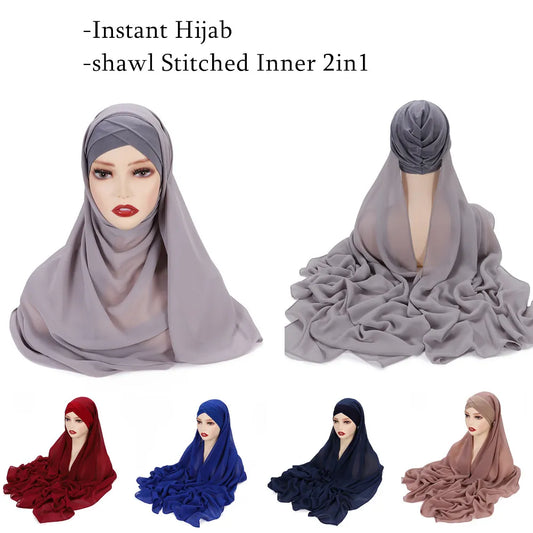 Instant Hijab Chiffon Shawl Stitched Inner Bonnet Convinient Headwrap Muslim Women Islamic Underscarf 175X70CM